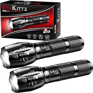 REHKITTZ LED Torches, [2 Pack], 2000 Lumens, Super Bright | Portable, Long Runtime, Adjustable Focus, Durable Aluminium Alloy Body, Water-Resistant Flashlight, 5 Modes