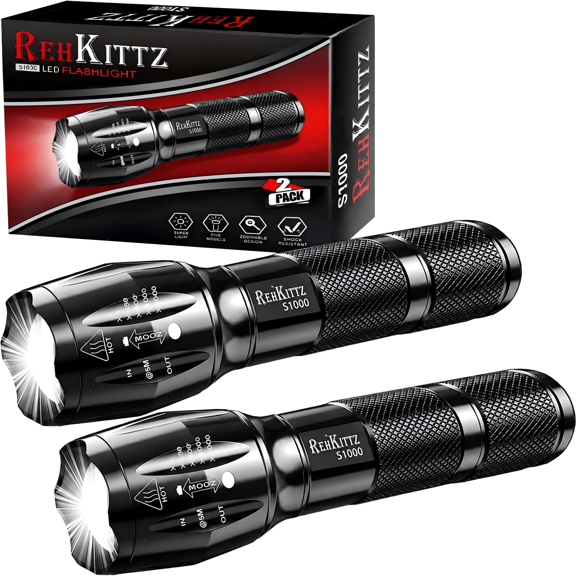 REHKITTZ LED Torches, [2 Pack], 2000 Lumens, Super Bright | Portable, Long Runti