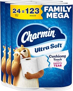 Charmin Ultra Soft Cushiony Touch Toilet Paper, 24 Family Mega = 123 Regular Rolls, White