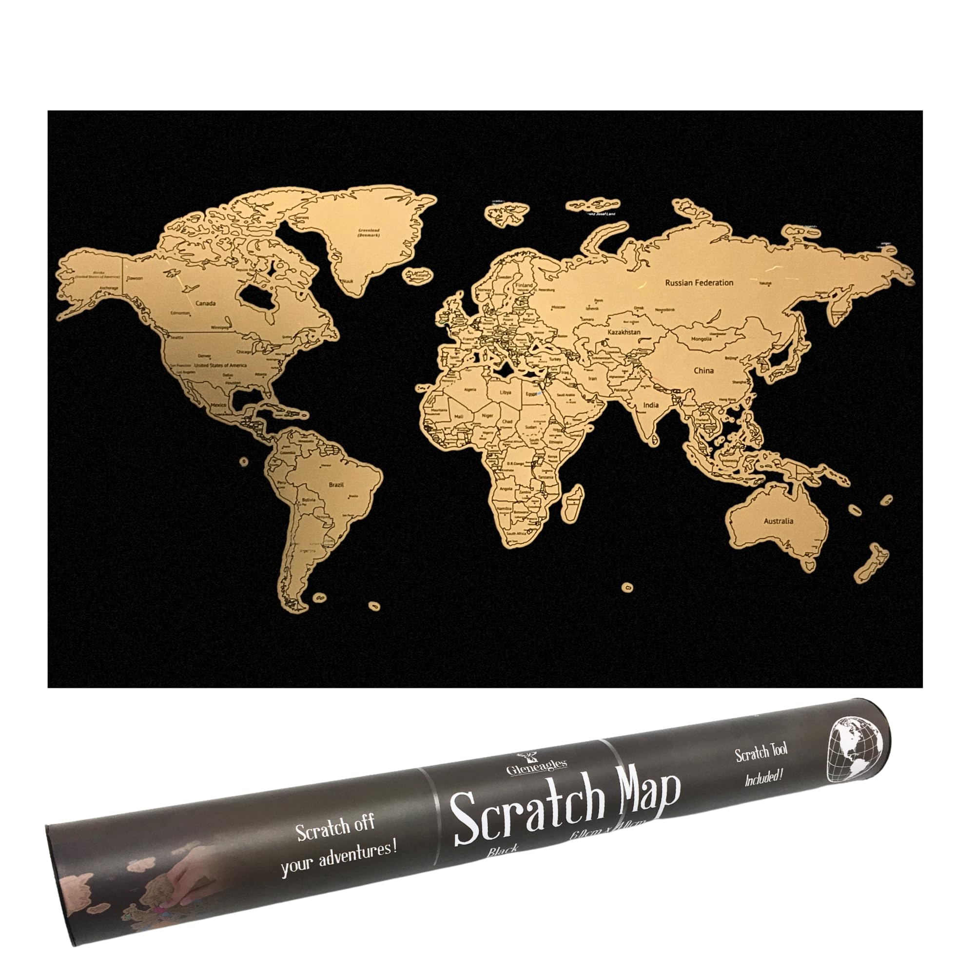 Gleneagles Scratch Off World Map Poster - Travel Tracker, Black & Gold | Reveal 