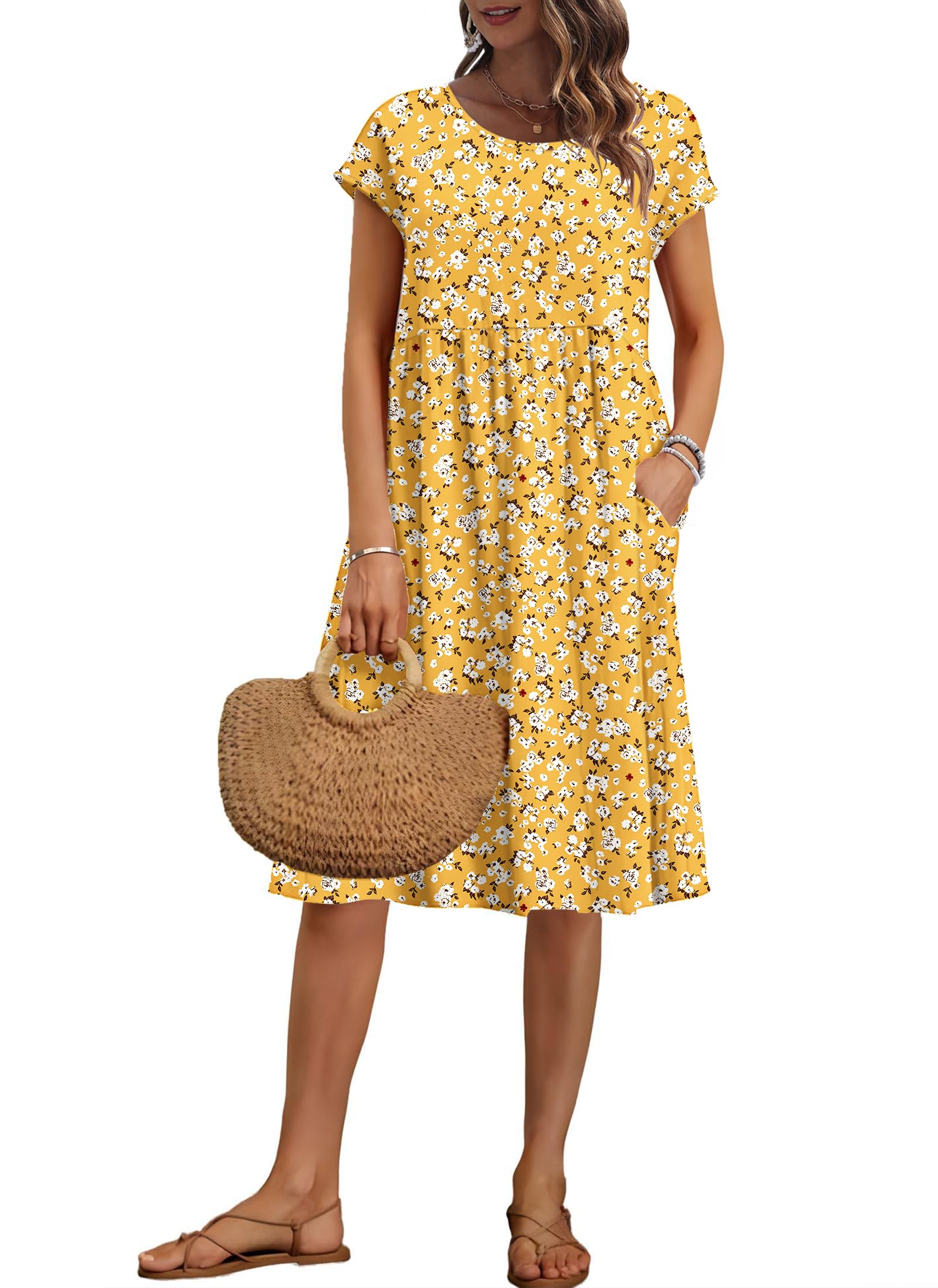 AUSELILY Women's Summer Short Sleeve Knee-Length Loose Dresses with Pockets