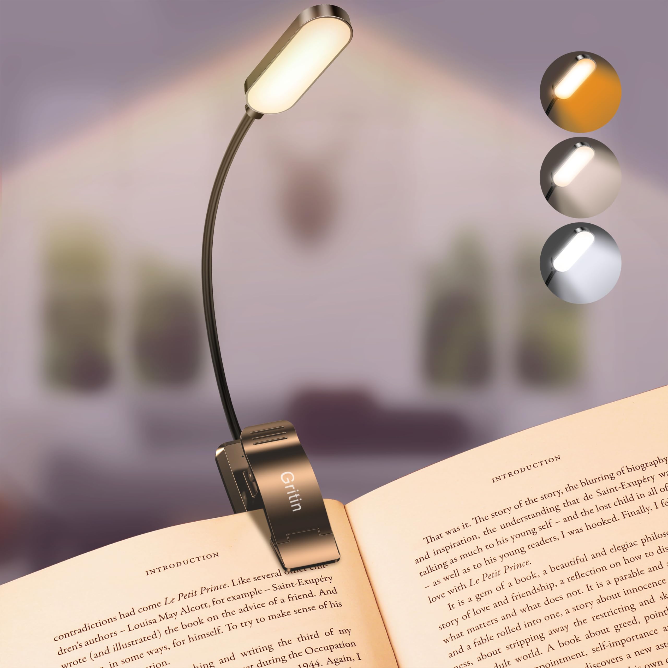 Gritin 16 LED Reading Light, Book Light - Eye Caring 3 Color Temperatures | Step
