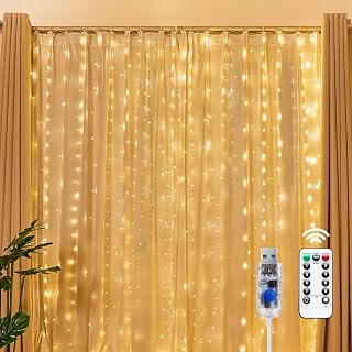 Brightown 300 LED Fairy Curtain Lights, 9.8ft x 9.8ft Curtain String Lights | Warm White USB Plug in 8 Lighting Modes Christmas String Hanging Lights with Remote for Bedroom Indoor Outdoor Party Xmas