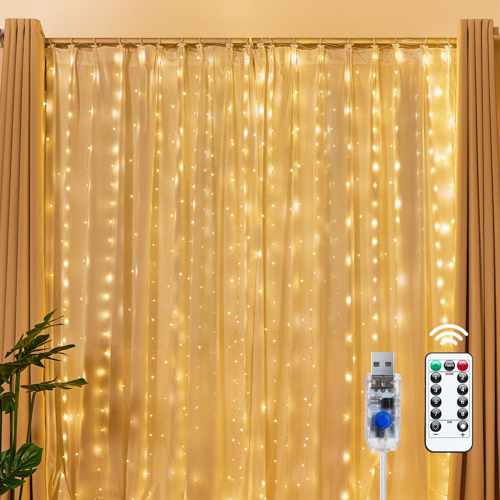 Brightown 300 LED Fairy Curtain Lights, 9.8ft x 9.8ft Curtain String Lights | Wa