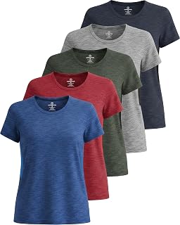 Real Essentials Pack of 5 - Women's Short Sleeve Workout Fitness Pilates Gym Activewear Shirts (Plus Available)
