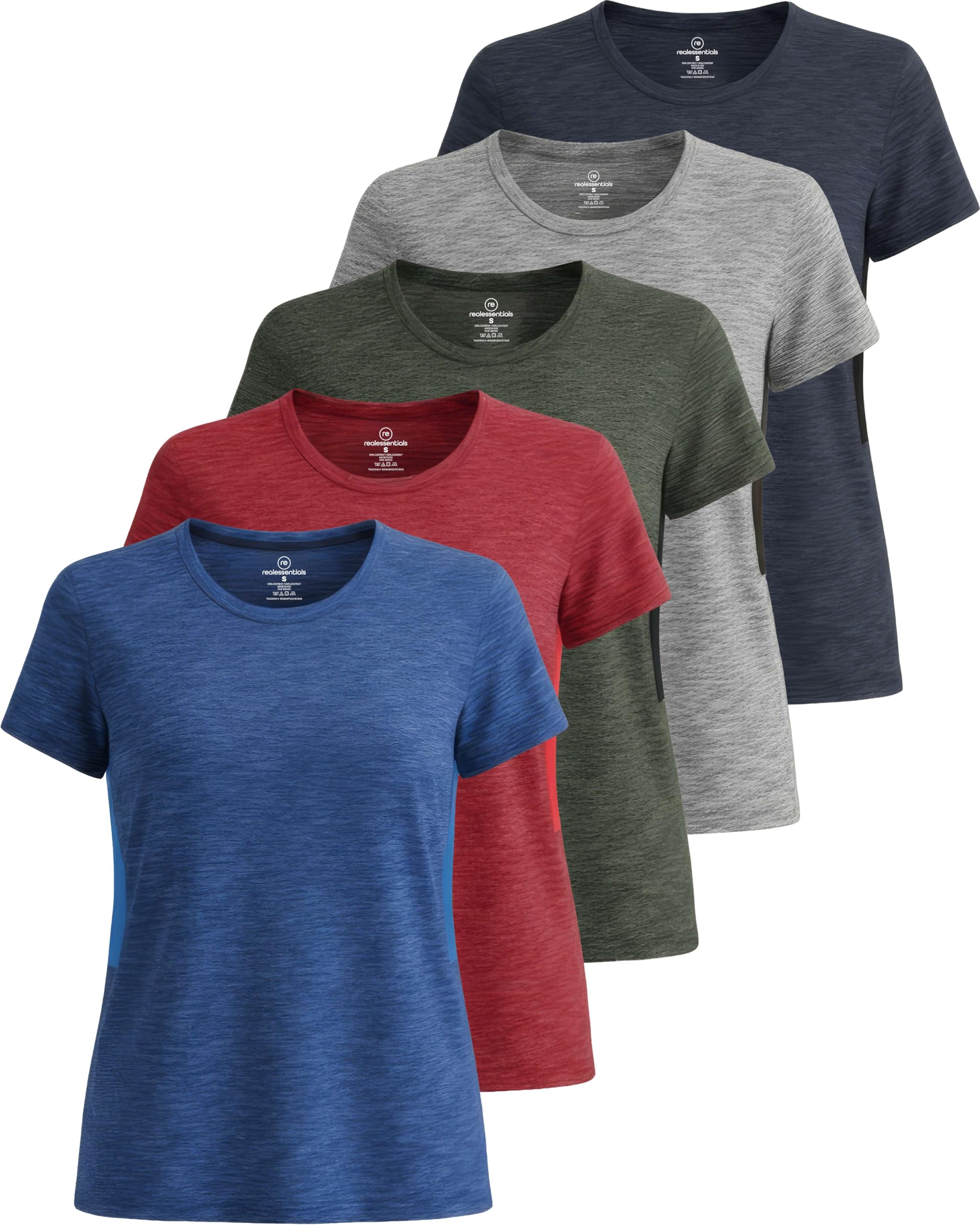 Real Essentials Pack of 5 - Women's Short Sleeve Workout Fitness Pilates Gym Act