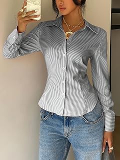 Women Elegant Striped Button Down Shirt Collar V Neck Long Sleeve Blouse Work Office Tie Waist Tops