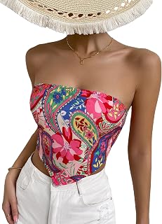 Floerns Women's Graphic Print Tie Back Strapless Bandana Tube Top