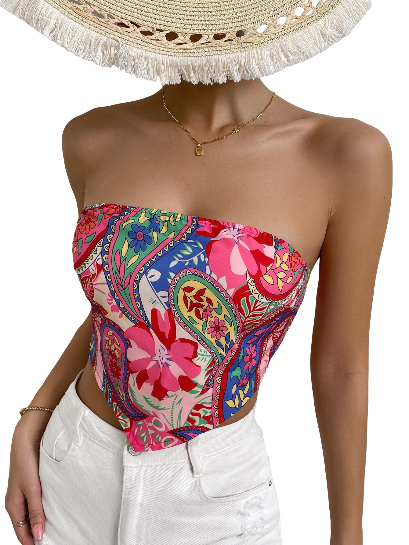 Floerns Women's Graphic Print Tie Back Strapless Bandana Tube Top