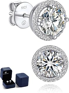 MomentWish Moissanite Earrings, 1-2 Carat Sterling Silver Studs Earrings Simulated Diamond Earrings Women Gold Halo Earring Hypoallergenic Sparkly Wedding Earrings for Bride Ladies Men
