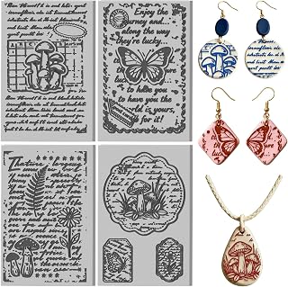 CONCHLERY 4 Sheets Retro Text Pattern Polymer Clay Texture Sheet Mushrooms and Butterfly Patterns Rubber Texture Mat for Polymer Clay Making Earrings Jewelry DIY Crafts 4 × 2.5 Inch