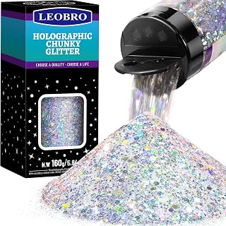 LEOBRO Silver Glitter, 160G/5.64OZ Holographic Chunky Glitter for Crafts, Resin, Body Nail Face Hair, DIY Decorations