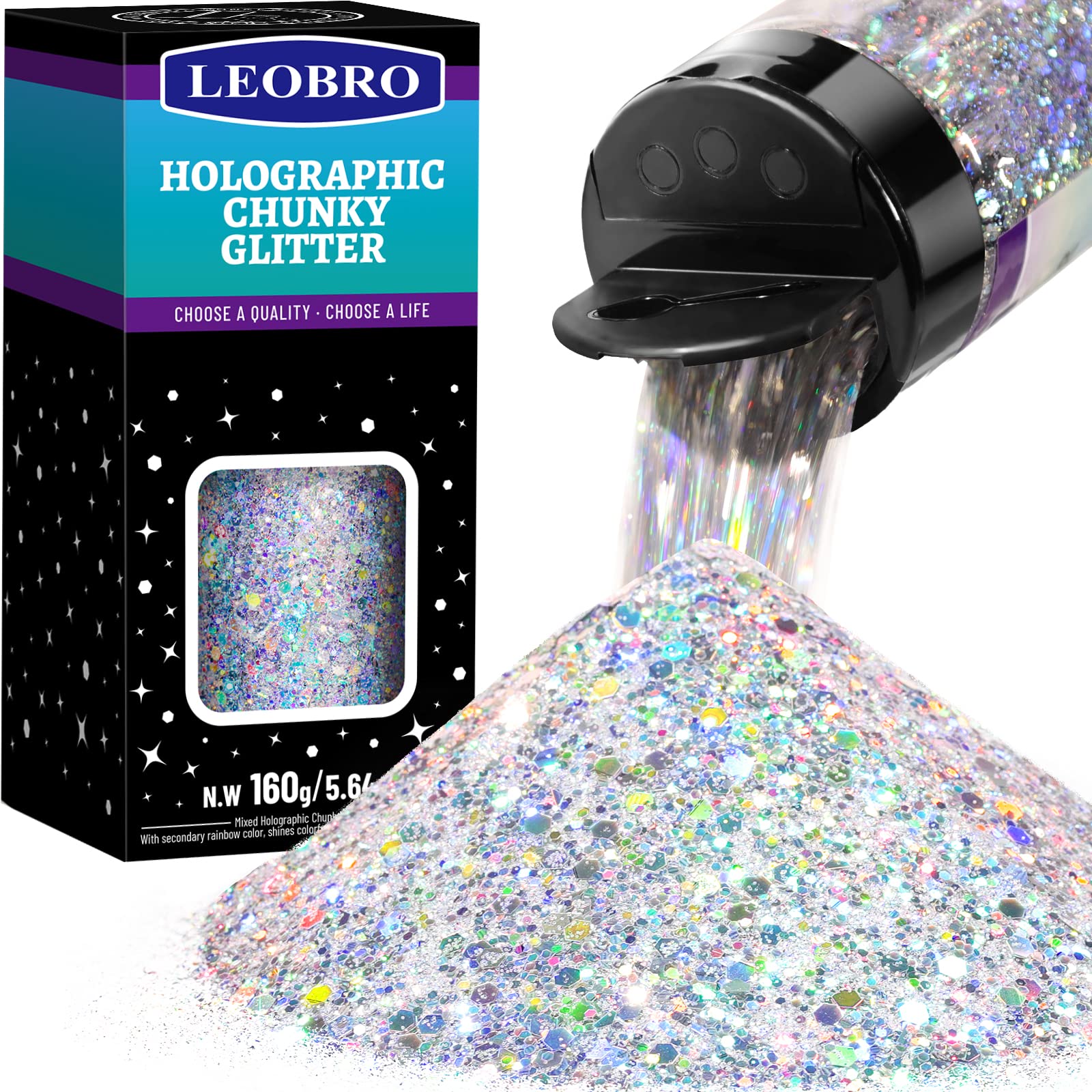 LEOBRO Silver Glitter, 160G/5.64OZ Holographic Chunky Glitter for Crafts, Resin,
