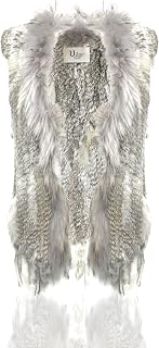 Women's 100% Natural Knit Rabbit Fur Vest With Raccoon Fur Collar