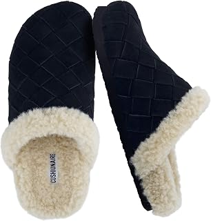 CUSHIONAIRE Cliché Genuine Suede Woven Mule Slippers for Women Indoor and Outdoor - Slip On Faux Fur Lining Women Footwear for Comfort