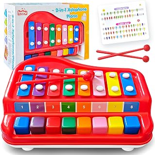JUYOUNGA Kids Musical Instruments, 2 in 1 Baby Piano Xylophone for Toddlers 1-3 Years Old, 8 Multicolored Key Keyboard, Preschool Educational Learning Toy for Girl Boy Gifts