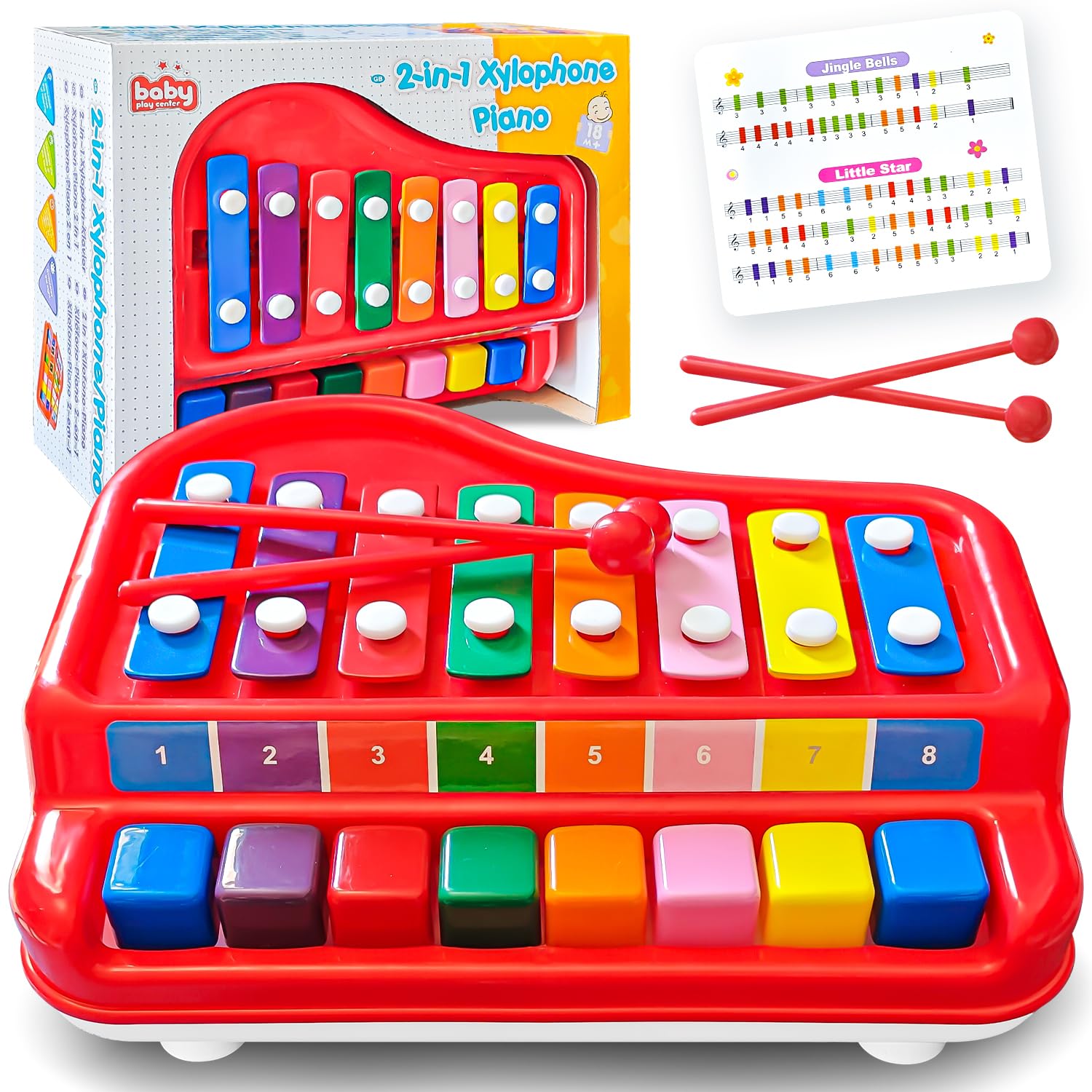 JUYOUNGA Kids Musical Instruments, 2 in 1 Baby Piano Xylophone for Toddlers 1-3 