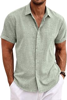Coofandy Men's Casual Short Sleeve Linen Shirt Button Down Shirt Beach Summer Wedding