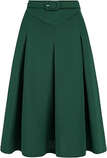 Allegra K Women Office Work Belted Waist Midi A-Line Pleated Skirt