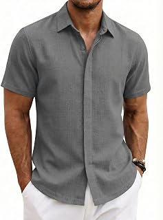 COOFANDY Men's Short Sleeve Cotton Summer Shirt Casual Men's Beach Holiday Comfort Breathable with Hidden Buttons