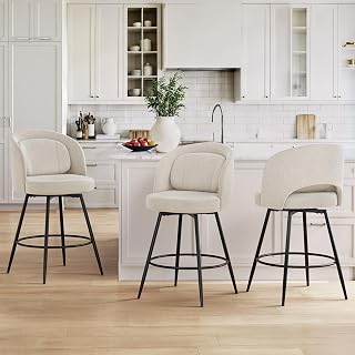 LUE BONA 26''H Swivel Bar Stools Set of 3,Counter Stools with Ergonomic Lumbar Support,Black Metal Frame for Kitchen Counter,Linen Color