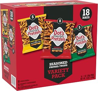 Dot's Pretzels Twists, 3-Flavor Snacks Variety Pack, 18 count | Original, Honey Mustard, Parmesan Garlic Pretzel Twists, Snacks Variety Pack for Adults and Kids, Individual Snack Packs