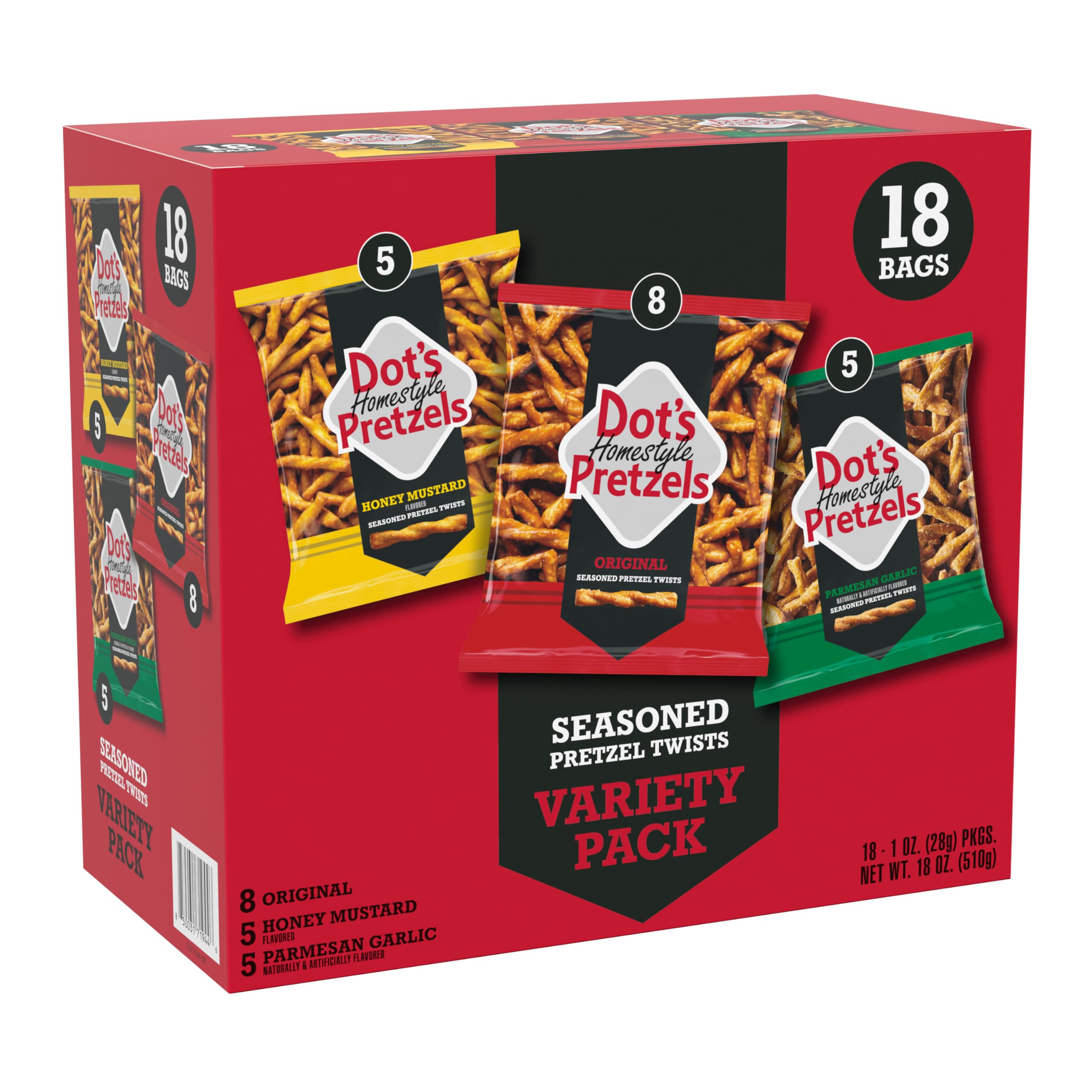 Dot's Pretzels Twists, 3-Flavor Snacks Variety Pack, 18 count | Original, Honey 