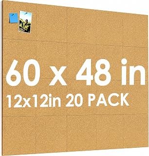 Corksidol 60" x 48" Large Cork Board for Wall, 20 Pack 12"x12" - 1/2" Tiles | Ultra Strong Self Adhesive Backing for Classromm/Office/Floor/Wall/DIY;Self-Healing Natural Cork;includes 100 Pushpins