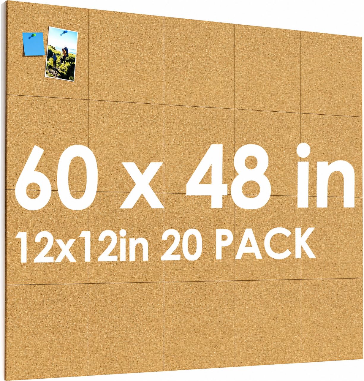 Corksidol 60" x 48" Large Cork Board for Wall, 20 Pack 12"x12" - 1/2" Tiles | Ul