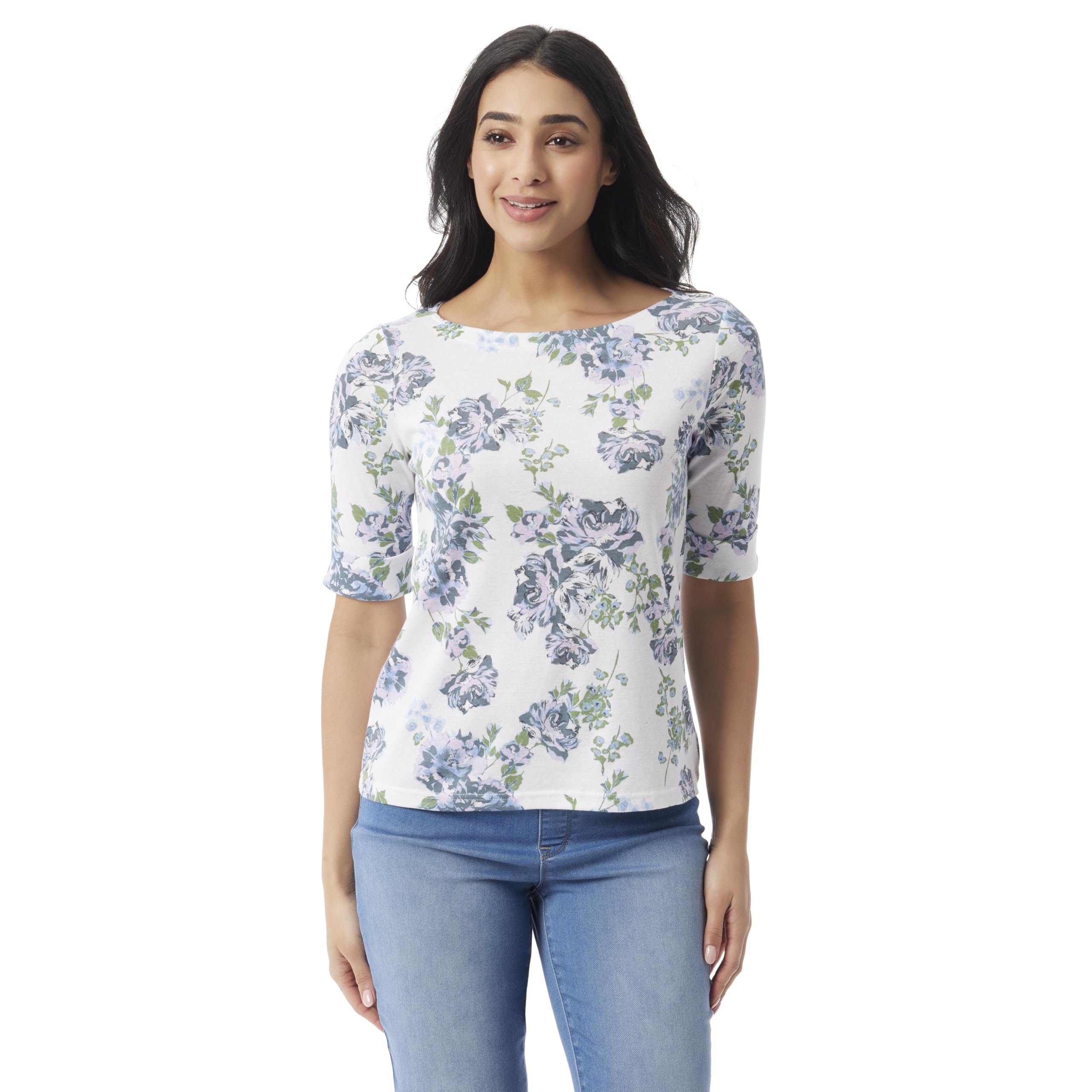 Gloria Vanderbilt Women's Alanis Boat Neck Knit Tee Shirt with Elbow Sleeves Sta