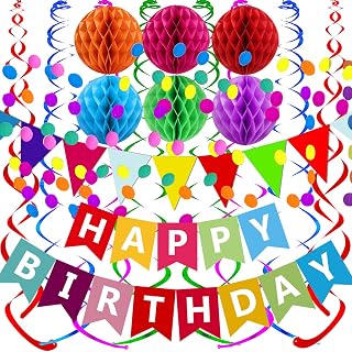 Fecedy Happy Birthday Banner With Colorful Paper Flag Bunting Paper Circle Confetti Garland Swirl Streamers Honeycomb ball for Birthday Party Decorations
