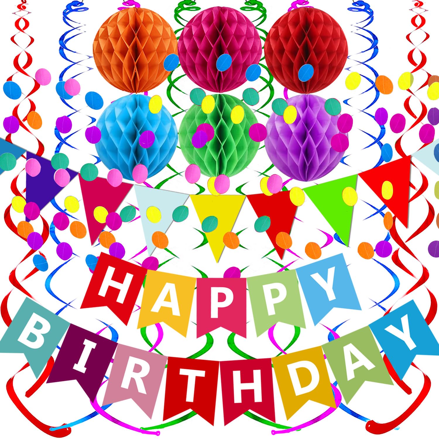 Fecedy Happy Birthday Banner With Colorful Paper Flag Bunting Paper Circle Confe