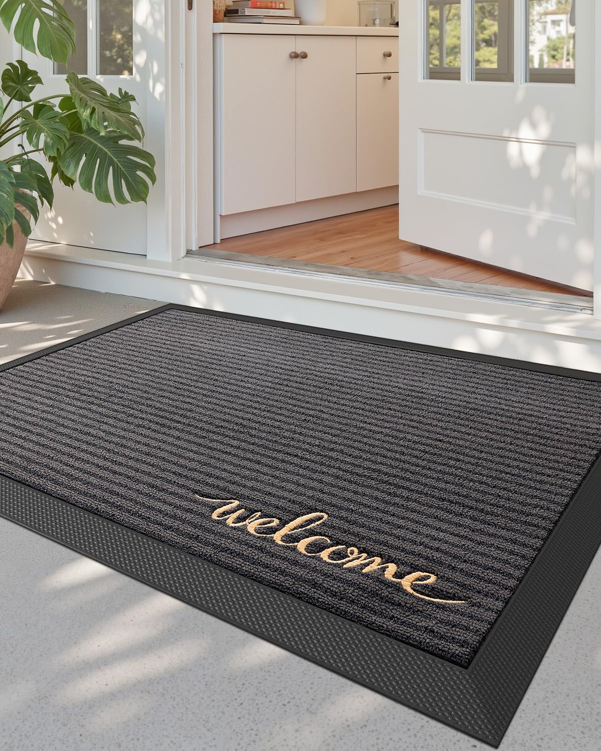 DEXI Front Door Mat Outside Entrance, 2x3 Heavy Duty Doormat, Welcome Grey | Rub