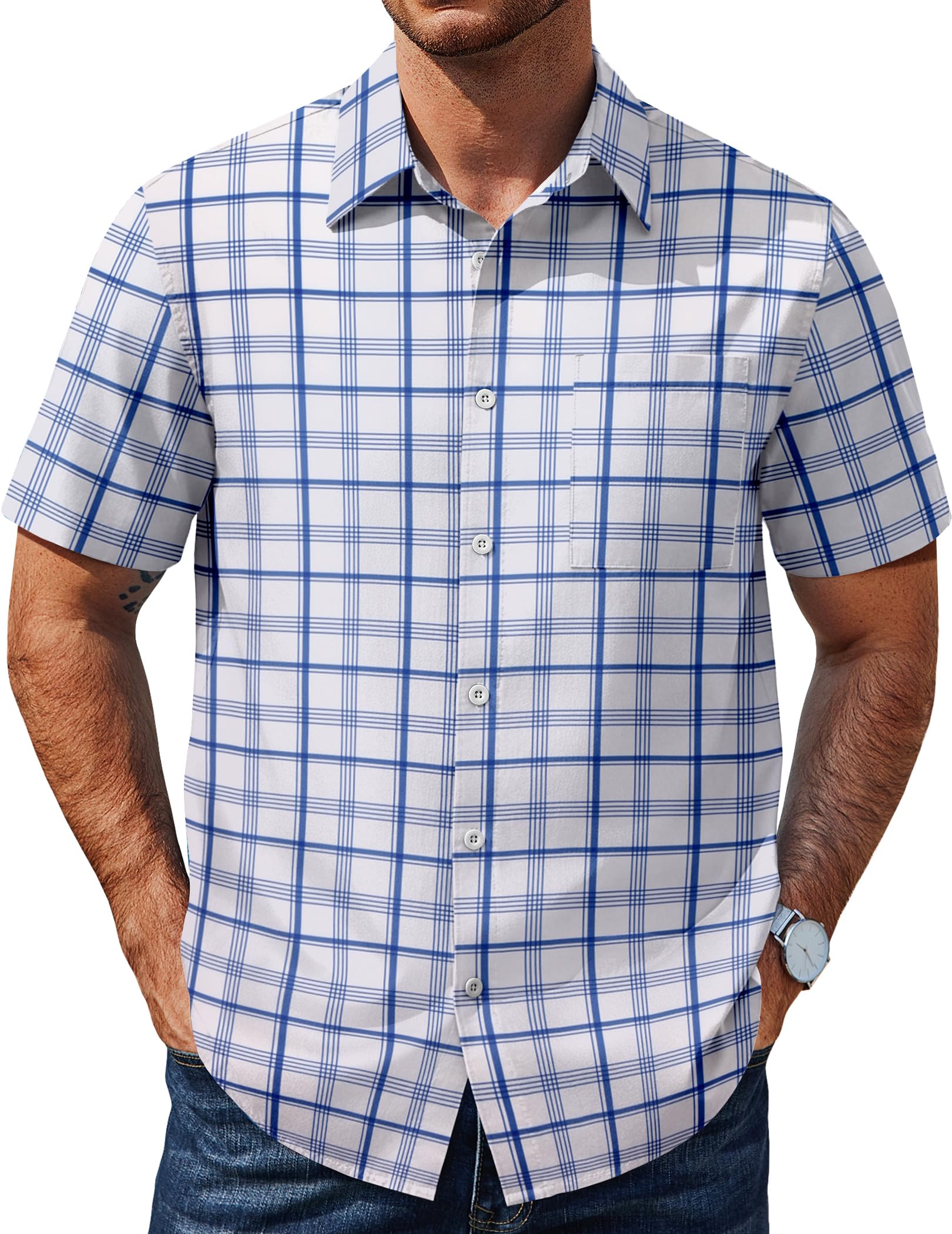 COOFANDY Mens Plaid Button Down Shirts Short Sleeve Casual Summer Shirt Wrinkle 