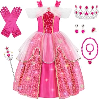 MELAND Princess Costumes for Girls, Light Up Dress for Kids Aged 3-10 | Rose Pink Princess Outfit, Birthday Gifts for Girls, Fancy Dress for Halloween Party and Role Play