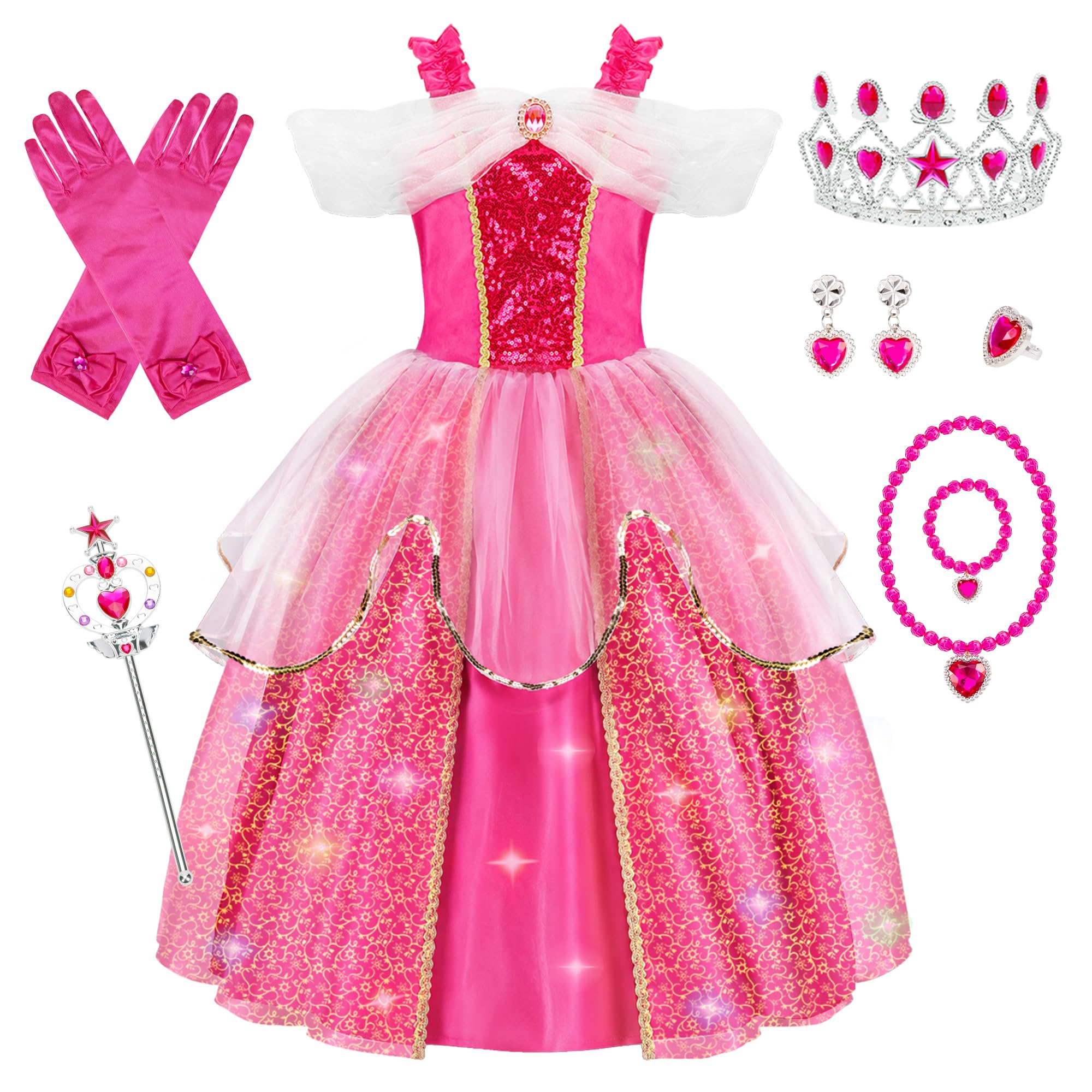 MELAND Princess Costumes for Girls, Light Up Dress for Kids Aged 3-10 | Rose Pin