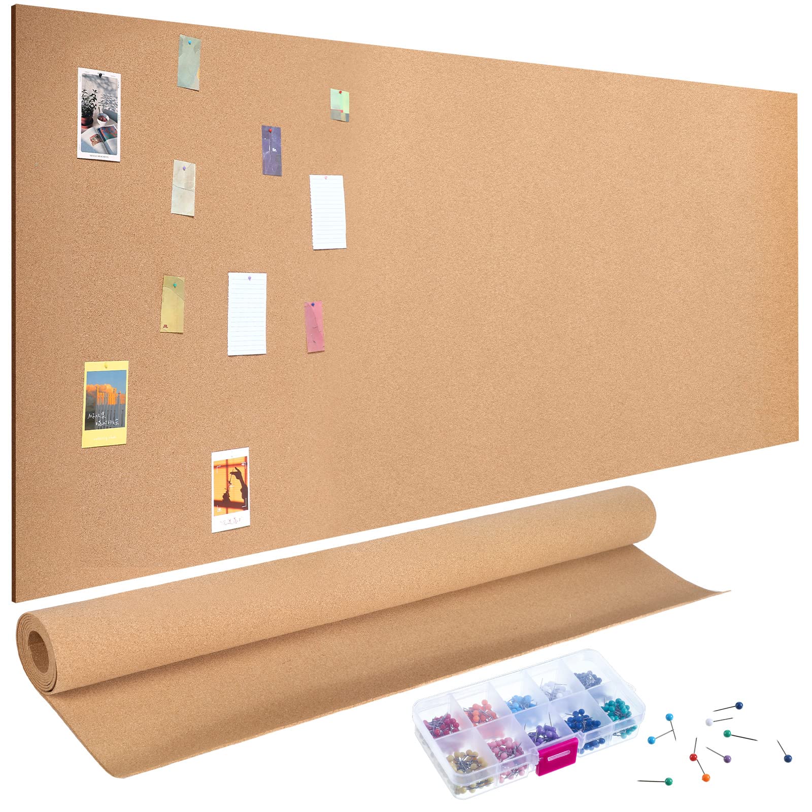 Seajan 3mm Cork Board Roll, 4 x 8 ft Thick Cork Roll, with 500 Push Pins | Brown