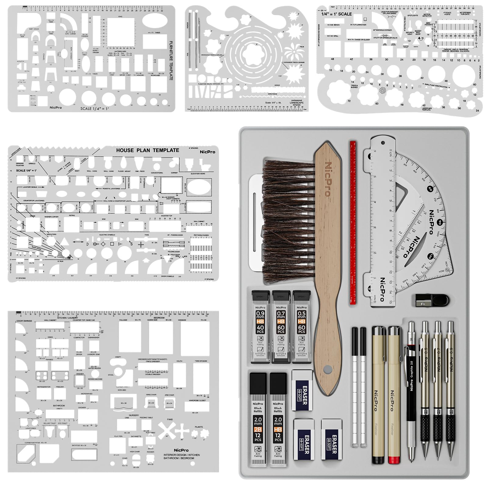 Nicpro 30PCS Professional Drafting Tools & Geometry Set with Case | Architect Pr