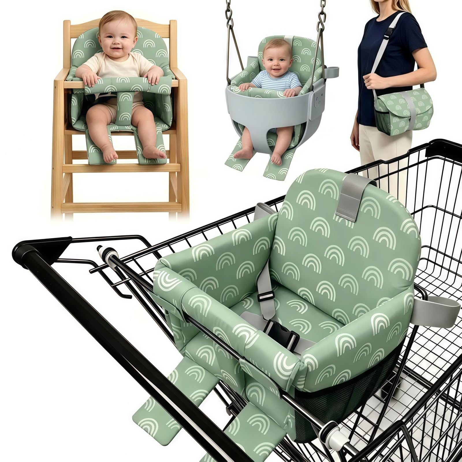 ChildLike Shopping Cart Seat for Baby&amp;High Chair Cover-Sage Green Rainbow | 