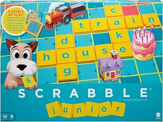 Mattel Games Scrabble Junior Board Game for Ages 6+, English Edition | Classic Crossword Fun Featuring 2 Levels of Play, with Double-Sided Board and 84 Letter Tiles, 2-4 Players, Y9667
