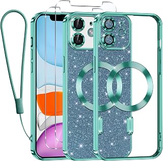 Kokio Mobile Phone Chain for iPhone 11, Case with Strap, Compatible with MagSafe, Glitter Magnetic Mobile Phone Case for iPhone 11 with 2 Protective Films, Shockproof Silicone Protective Case, Grass Green