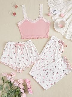 3 Pieces Womens Pajama Sets, Women Soft Lace Trim Cami Pajama Set (Pink)