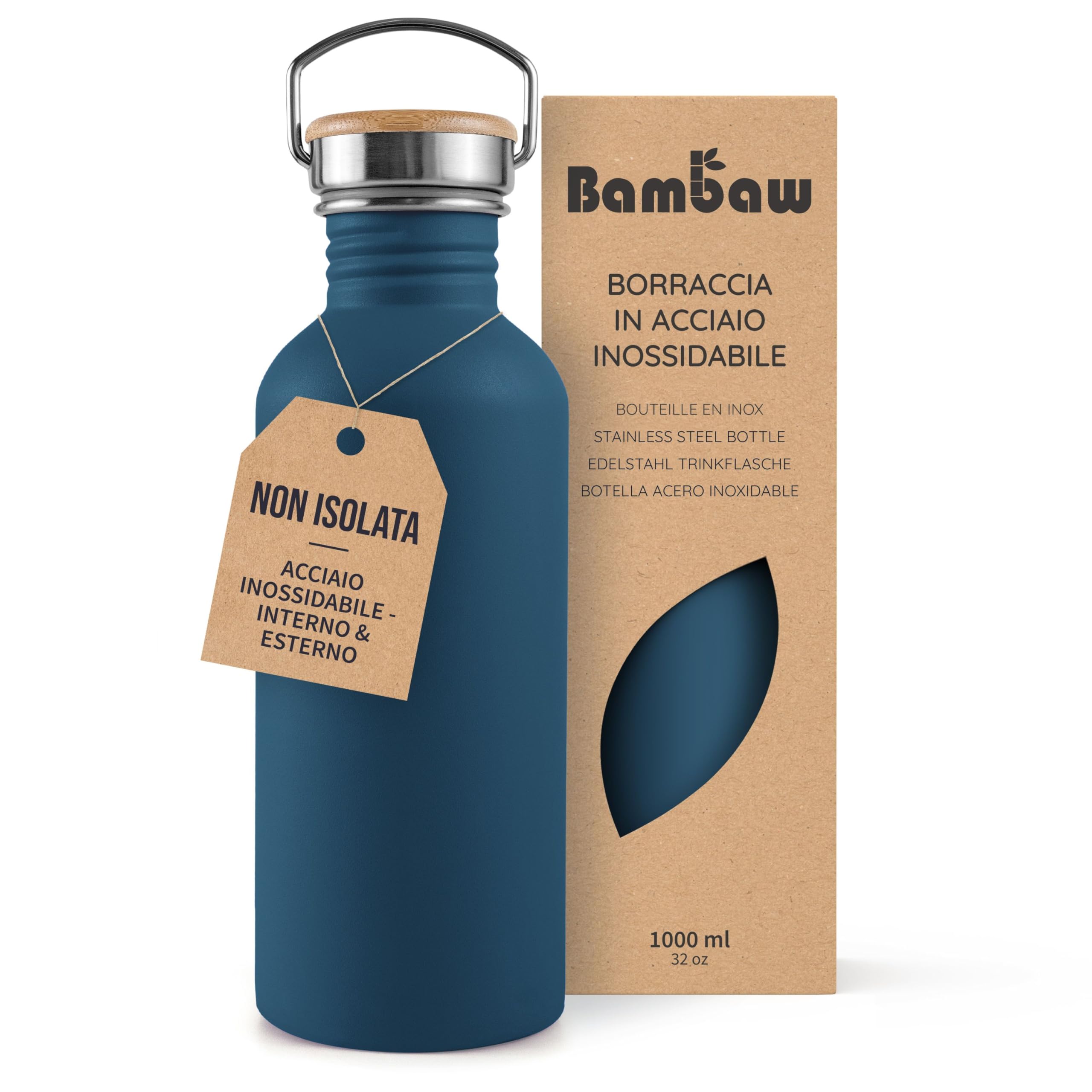 Bambaw Steel Water Bottle 1 Litre Non Insulated Blue Water Bottle Gym Sports Bot