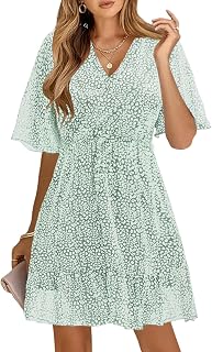 KIRUNDO Womens Summer Dresses 2026 Casual Spring Short Sleeve V Neck Ruffle Floral Print High Waist Belted Flowy Mini Dress