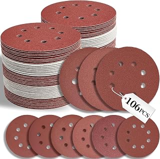 VKMKM 125mm Sanding Discs 106PCS, Orbital Sander Discs, 8-Hole Hook and Loop Sandpaper for Wood & Metal, 40/60/80/100/120/150/180/240/320/400/600 Grits Aluminium Oxide