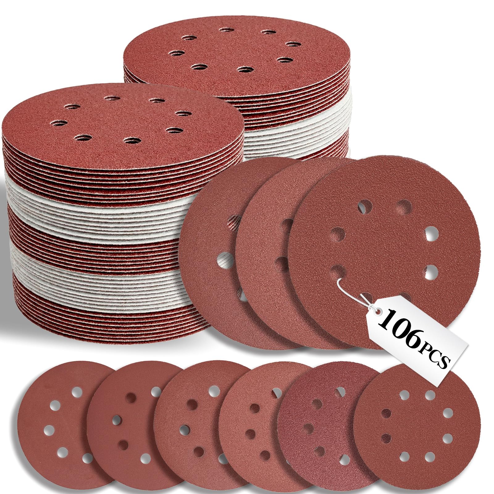 VKMKM 125mm Sanding Discs 106PCS, Orbital Sander Discs, 8-Hole Hook and Loop San