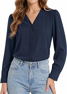 Enmain Women's Long Sleeve Shirt Chic and Elegant Chiffon Blouses V Neck Top Office Work Party with Buttons