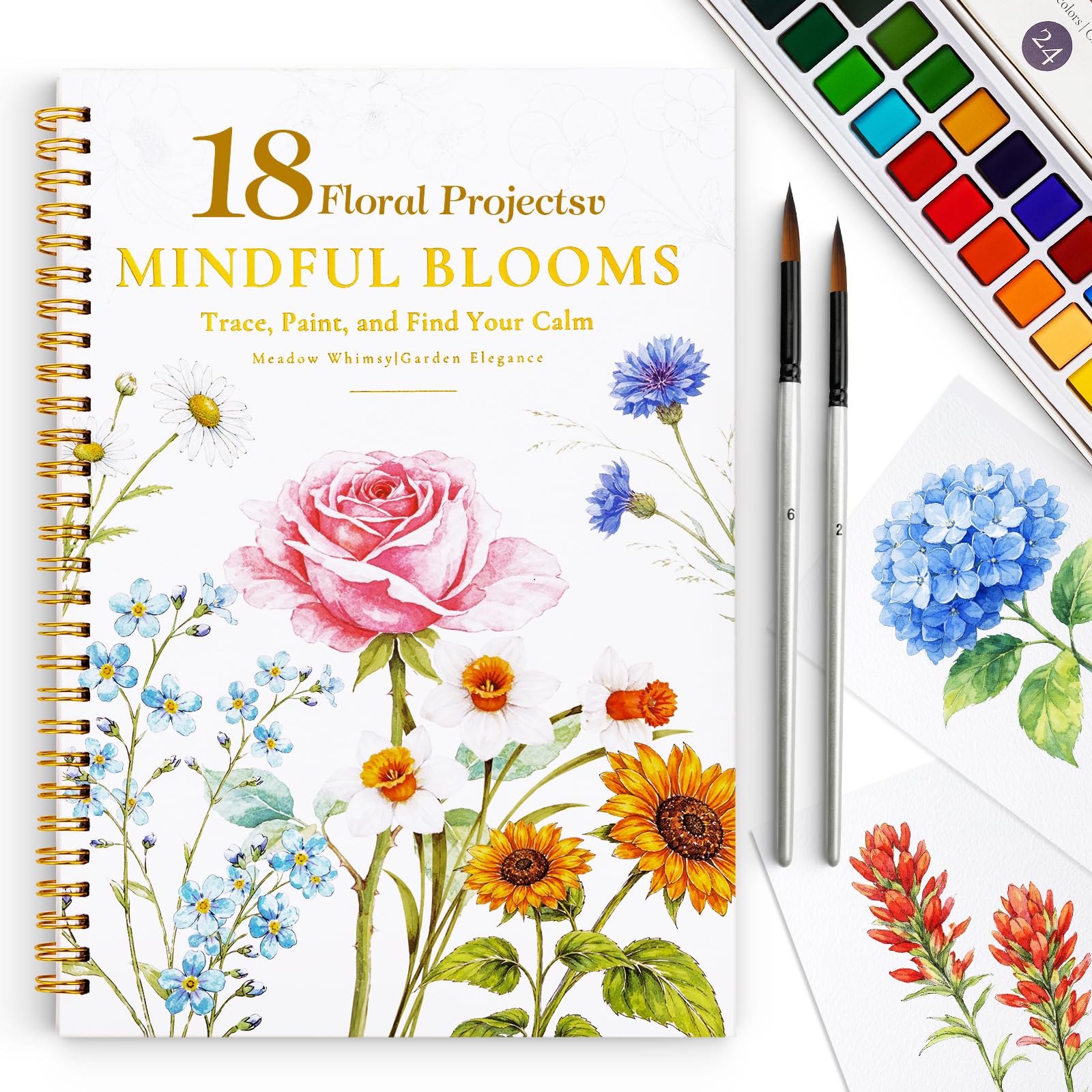 Watercolor Workbook for Beginners,18 Floral Water Coloring Book,Relaxing & Easy 