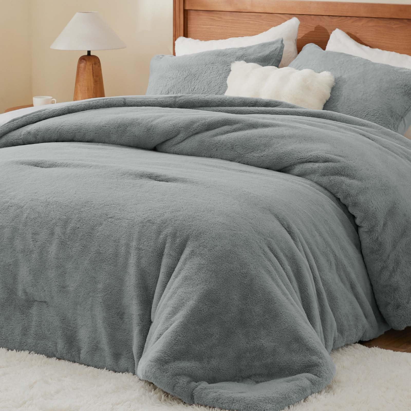 BEDELITE Faux Fur Queen Comforter Set Light Grey,Fluffy Bedding,2 Pillowcases