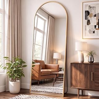DUMOS 64"x21" Arched Full Length Mirror with Stand, Full Body Floor Mirror | Shatterproof Tempered Glass, Modern Aluminum Alloy Frame, Free Standing or Leaning for Home Decor, Gold